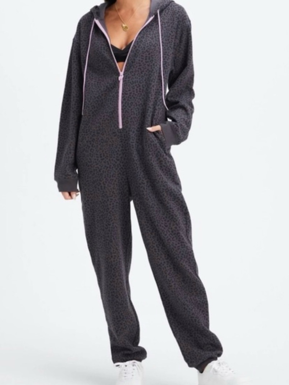 Fabletics Forever Fleece Hooded Onesie Leopard Print Pink Zip Small - Picture 1 of 9